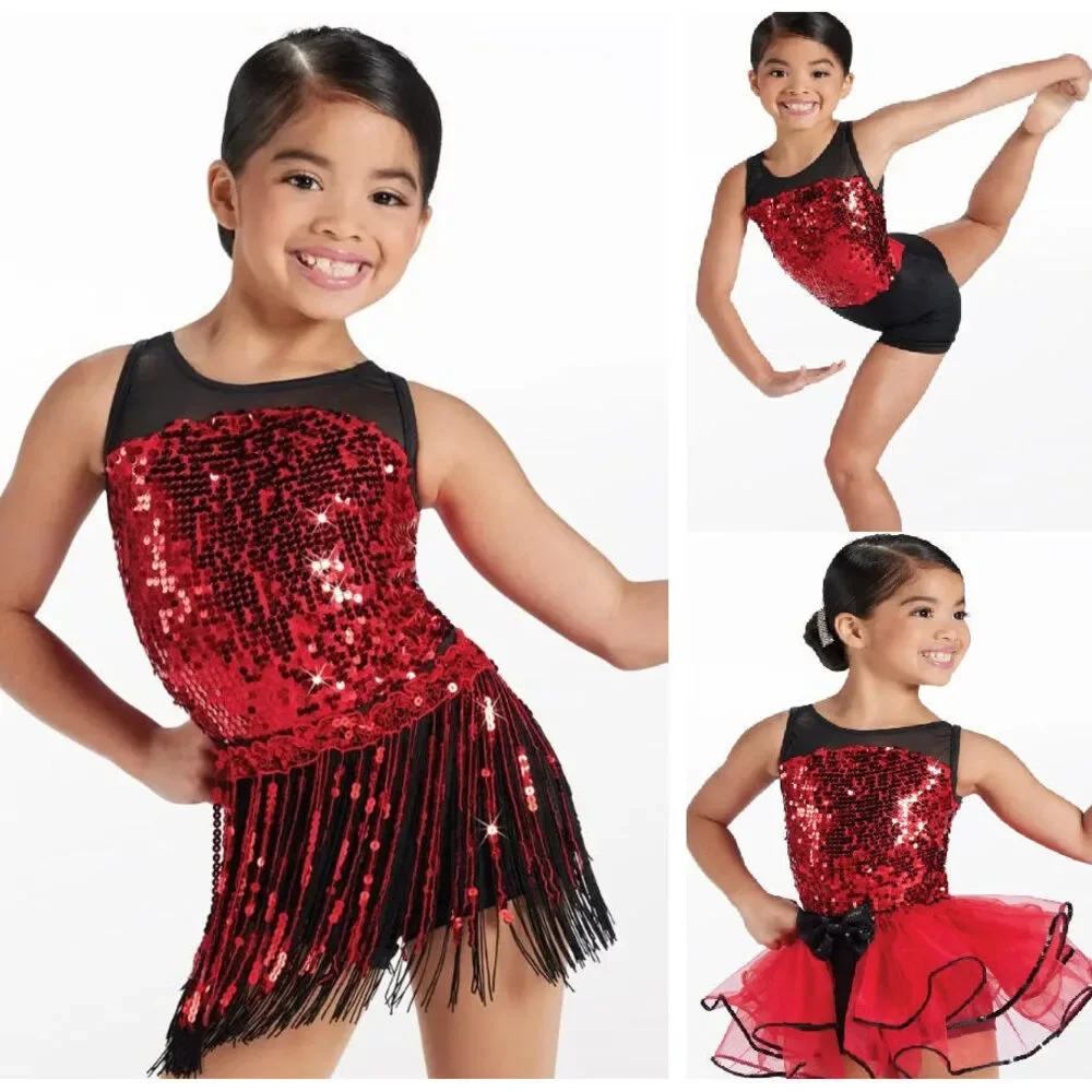 Pre-Owned Dance Costume Weissman 14410 Inter Child Red 3in1 Ballet Jazz Tap Seq